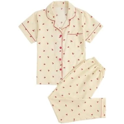 Verdusa Women's 2 Piece Pajama Sets Cute Printed Pj Sets Sleepwear Button Up Shirt with Pants Lounge Set