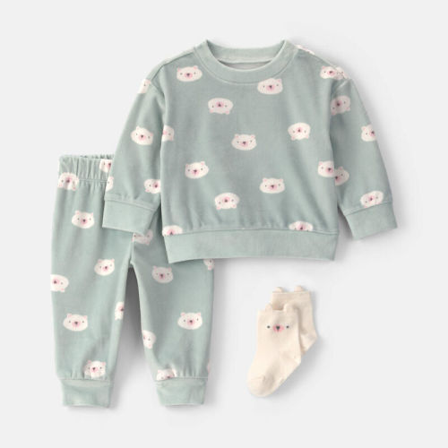 Baby Girl 3-Piece Bear Long-Sleeve Top & Pant Set - Green | Carter’s Oshkosh Canada