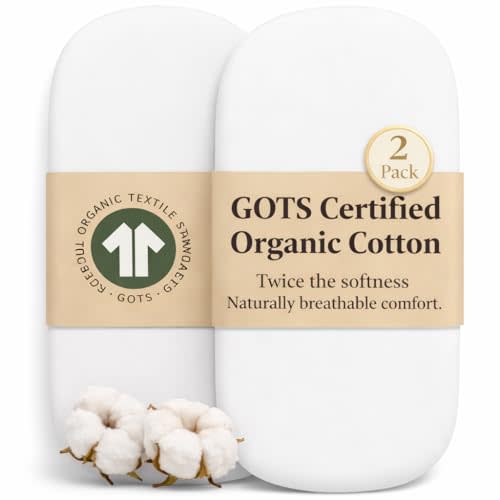 GOTS Organic Bassinet Sheets Compatible with Halo Bassinest Swivel Sleeper, Delta Children Simmons Kids Bassinet, Arms Reach Versatile Oval/Rectangle Pads, Premium Weight Turkish Cotton