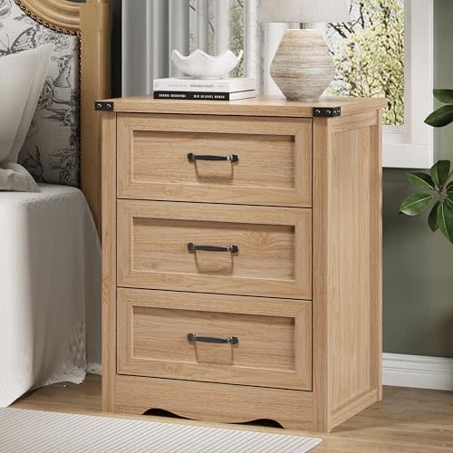 Nightstand with 3 Drawers, 24" Wide Farmhouse Bedside End Table, Rustic Wood Side Table Night Stand with Mental Handle, Tall Modern Small Dresser Chest of Drawers for Bedroom, Living Room, Dorm, Oak