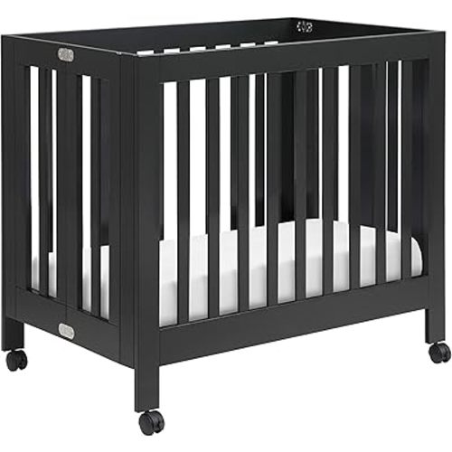 Babyletto Origami Mini Portable Folding Crib with Wheels in Black, 2 Adjustable Mattress Positions, Greenguard Gold Certified