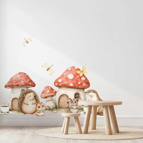 Woodland Village Wall Decals – Watercolor Forest Animals & Mushrooms, Removable and PVC-Free, Available in Large and Extra Large Sizes