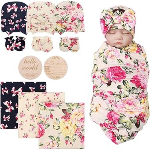 DRESHOW BQUBO Floral Swaddles for Baby Girl Newborn Receiving Blanket with Bow Hat Mittens Wooden Birth Announcement Card Set Baby Floral Print Swaddle Nursery Swaddle Wrap