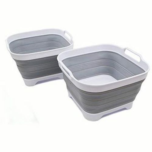 SAMMART 10L (2.64 gallon) Set of 2 Collapsible Dishpan with Draining Plug, White/Grey
