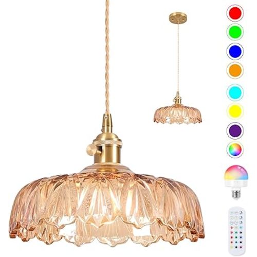 Battery Operated Pendant Light,Vintage Light Fixtures 2500mAh 9.4in RGB Light Bulb Amber Modern Chandelier with Remote Control Wireless Adjustable Rechargeable Chandelier for Kitchen Island 1Light