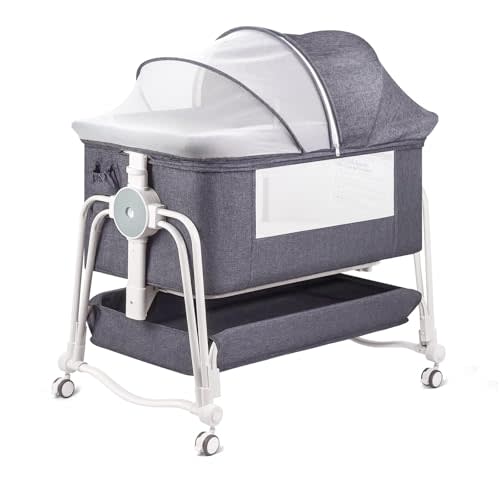 4 in 1 Baby Bassinet Bedside Sleeper, Rocking Baby Crib with Lockable Wheels, Storage, Mosquito Net and Matress Included, 7 Level Adjustable Bedside Bassinet for Baby Newborn(Gray)