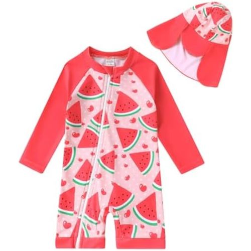 Toddler Baby Girls Swimsuit One-Piece Zipper Swimwear UPF 50+ Sun Protection Bathing Suit with Hat