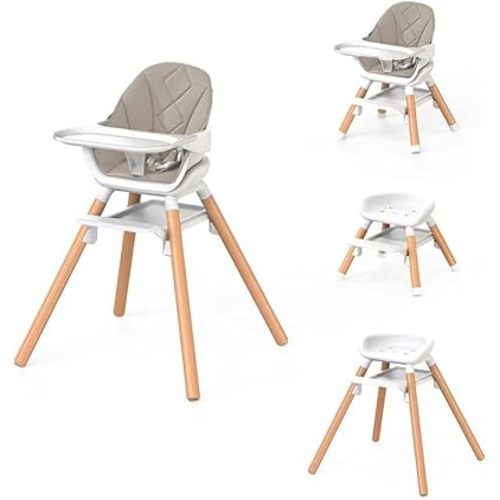 6-in-1 Convertible Baby High Chair, Beech Wood Legs, Champagne