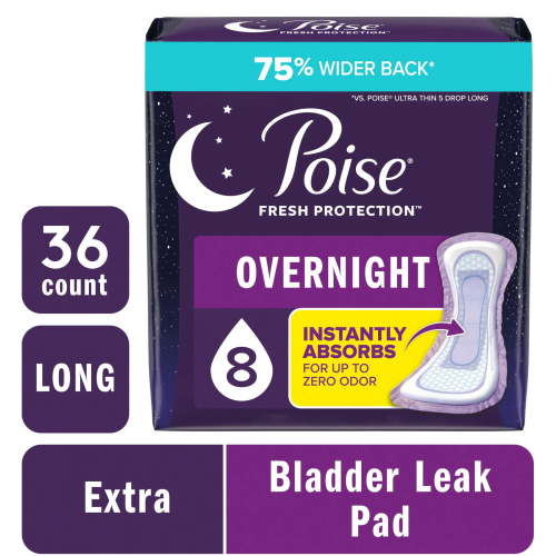 Poise Overnight Incontinence & Postpartum Pads for Bladder Leaks, 8 Drop Extra Coverage, 36 Count HSA/FSA Eligible