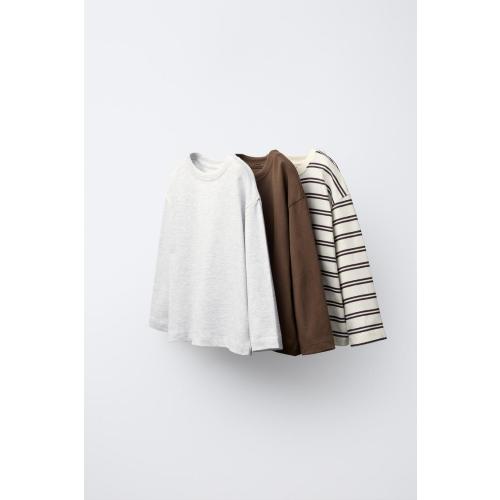 THREE-PACK OF PLAIN AND STRIPED T-SHIRTS - Brown | ZARA United States