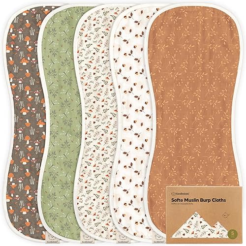 5-Pack Muslin Burp Cloths Baby Boy, Girl - Very Absorbent Baby Burp Cloth Rags, 8-Layers Viscose Derived from Bamboo Cotton Muslin Towel, Super Soft Spit Up Rags, No Shrink Washcloths (Fall Spores)
