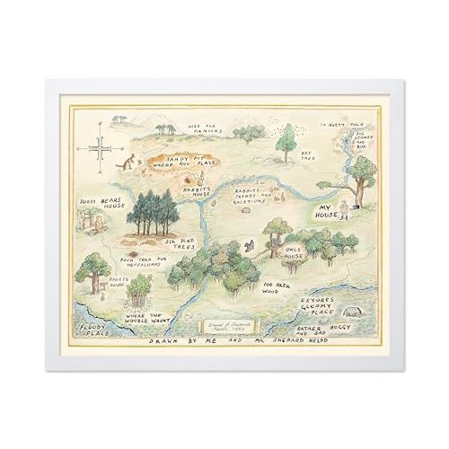 Monem Art Vintage Illustration Poster - Retro Landscape Print - Gift for Baby, Kid - 100 Acre Wood Map, Bear, Pig, Animal, Famous Cartoon - Wall Decor for Bedroom Nursery, 8x10 White Framed