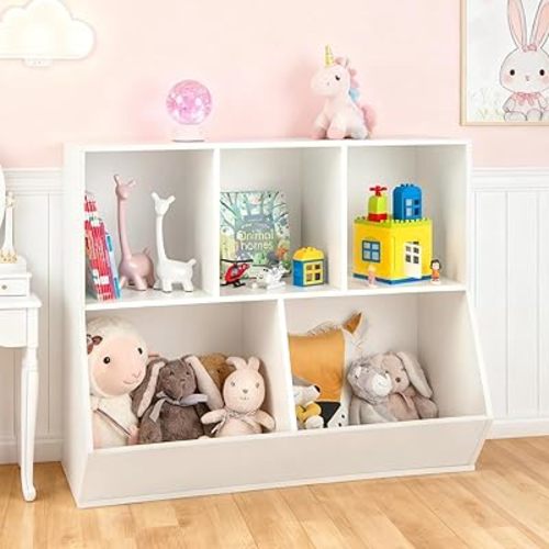 Costzon Toy Organizers and Storage with Bookshelf, Wooden 5 Cubby Children’s Book Shelf Toy Storage Cabinet Bookcase for Kids Room, Playroom, Kindergarten, Nursery (White)
