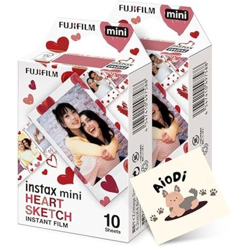 Fujifilm Mini Heart Sketch Instant Camera Film: 20 Shoots Total, (10 Sheets x 2) - Capture Memories Anytime, Anywhere - AIODI Sticker Included