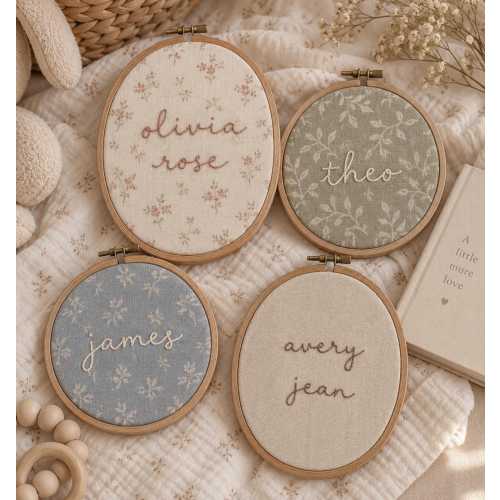 Hand Embroidered Baby Name Hoop – Custom Nursery Decor, Soft Fabric, Wood Frame