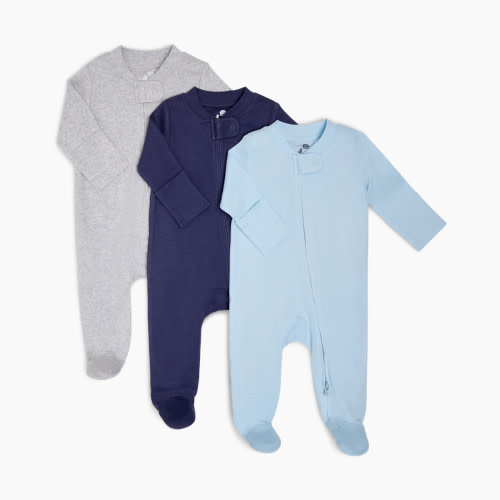 Small Story Organic Cotton Solid Zipper Footie (3 Pack) - Heather Gray, Navy, Light Blue, 0-3 M