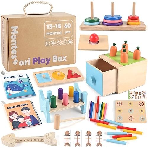 Wooden Montessori Toys for 1+ Year Old, 9-in-1 Learning Educational Set with 3-in-1 Activity Box, Pound Bench, Shape Puzzle, Cloth Books, Fishbone Matching & Ring Stacker