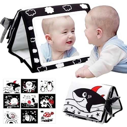 Susimond Tummy Time Floor Mirror, High Contrast Black and White Baby Mirror Toys with Crinkle Cloth Books, Non-Toxic Activity Development Floor Toys for 0 3 6 12 Month Infant Newborn Sensory Toys