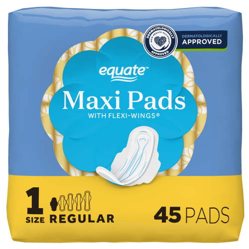 Equate Maxi Pads with Wings, Size 1, Regular Absorbency, Compare to Always (45 Count)