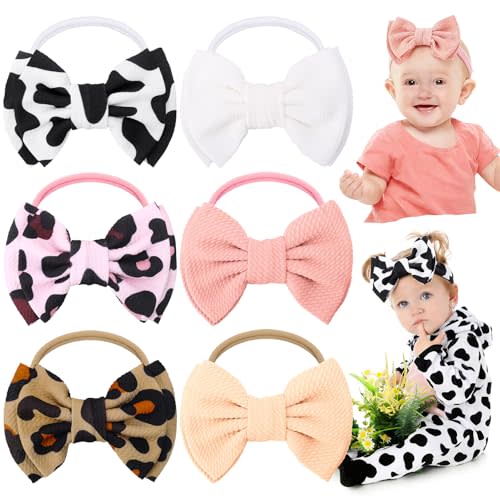 JATEBI 6 PCS Cow Print Bows Headbands for Baby Girls Set Checkered