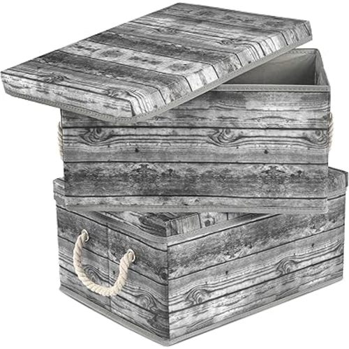 Sorbus Storage Box Set with Lid, Carry Handles, Foldable Frame, Rustic Wood Grain Print Bins, Great for Toys, Memorabilia, Closet, Office, Bedroom, 2-Pack (Wood Box Set - Gray)