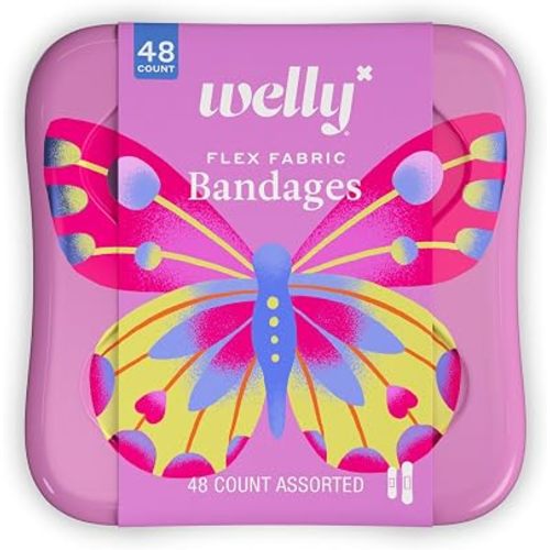 Welly Bandages | Adhesive Flexible Fabric Bravery Badges | Assorted Shapes for Minor Cuts, Scrapes, and Wounds | Colorful and Fun First Aid Tin | Butterfly Patterns - 48 Count