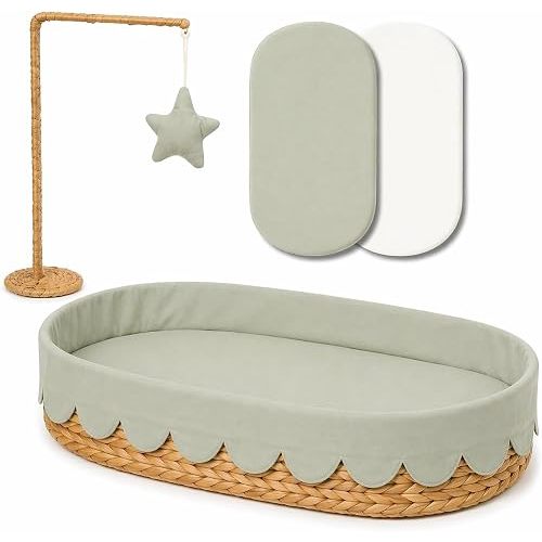 Premium Baby Changing Basket - Scalloped Changing Basket for Baby Dresser (Sage Green Baby Changing Bakset)
