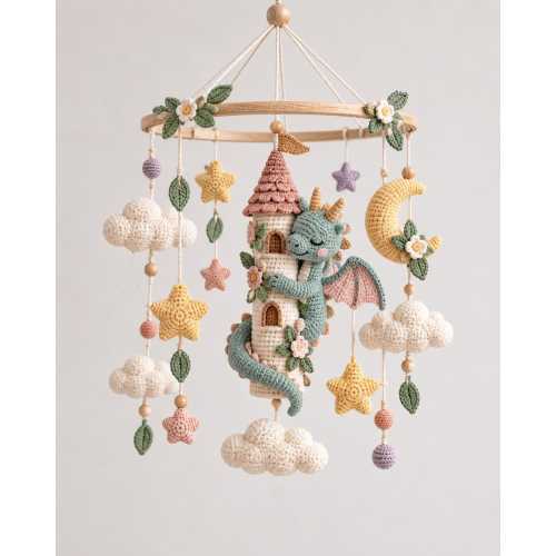 Crochet Dragon Baby Crib Mobile, Castle Fantasy Nursery Decor, Fairytale Star Cloud Mobile, Handmade Baby Shower Gift, Newborn Gift