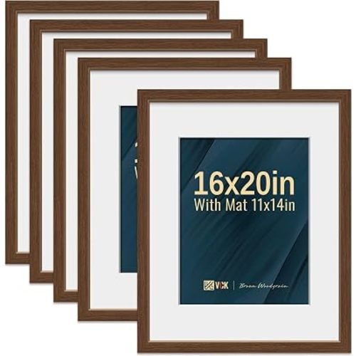 VCK 16x20 Picture Frame 5 Pack - Brown, High-End Wood Poster Frames with Tempered Glass, Display 11x14 Photo with Mat or 16x20 without Mat, Art Gallery-Quality, Wall Hanging