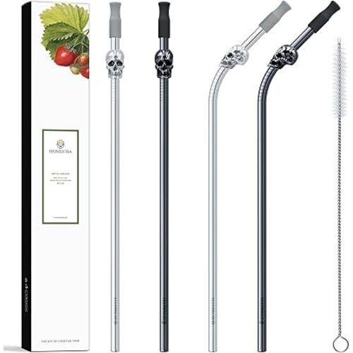 Homestia Stainless Steel Straw, 10.5'' Food Grade Reusable Metal Drinking Straws with 1 Cleaning Brush and Carry Pouch for Smoothie, Milkshake, Cocktail and Hot Drinks (Skull, Set of 4)