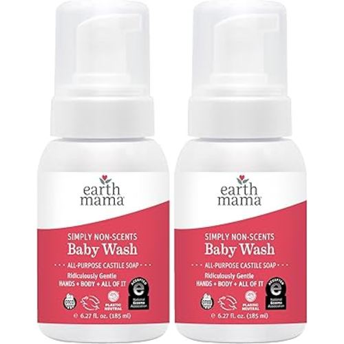 Earth Mama Simply Non-Scents Baby Wash Foaming Hand Soap Refill, Organic All-Purpose Body Wash for Sensitive Skin, Castile Soap with Coconut Oil, Shea Butter, Calendula, & Aloe, 5.3floz 2-Pk