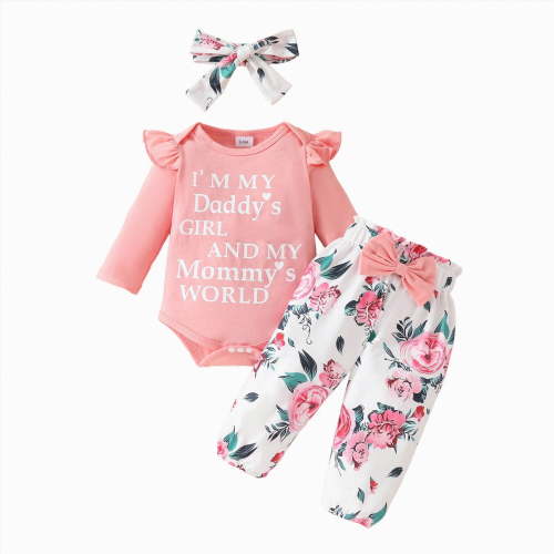 MYShe Baby Girls' Clothing Newborn Baby Girls Clothes Ruffled Romper+Floral Pants+Headband Infant Outfit Set Pink,3-6 Months