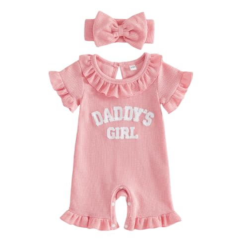 allshope Newborn Baby Girl Summer Outfit Romper Little Sister Lil Sis Embroidery Ruffle Collar Jumpsuit Infant Waffle Clothes
