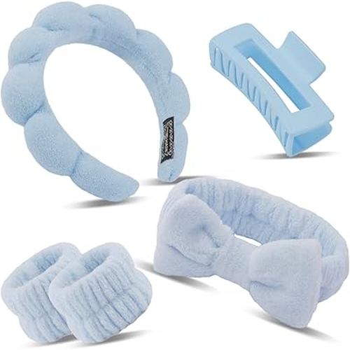 Canitor Spa Headband Wrist Bands Set with Hair Clips Skincare for Washing Face Skin Care Puffy Makeup Preppy Teen Girl Gifts Cute Trendy Stuff Hair Accessories for Women (blue)