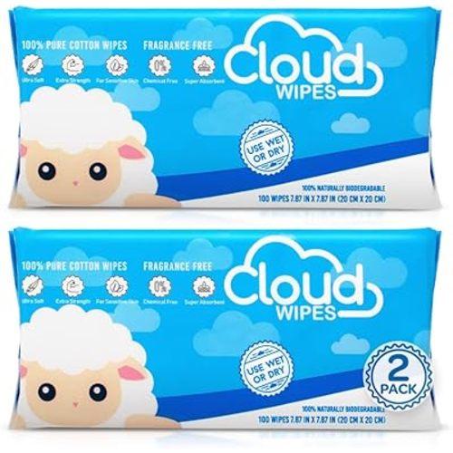Cloud Wipes Pure Dry Cotton Baby Wipes Soft Durable Unscented Cloth Tissue for Sensitive Skin (2-Pack 200 Count)