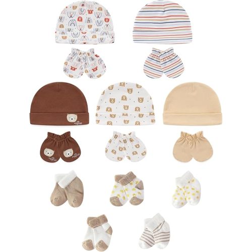Baby Hats Mittens and Socks Set Soft Cotton Newborn Hat Glove for Boys Girls 0-6 Month