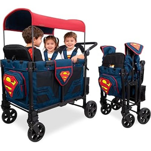 WONDERFOLD W4 Elite Pro Special Edition Superman Stroller Wagon (4 Seater) - Collapsible Wagon Stroller with Seats with 5-Point Harnesses, Easy Access Zipper Door, and Removable Sun Canopy