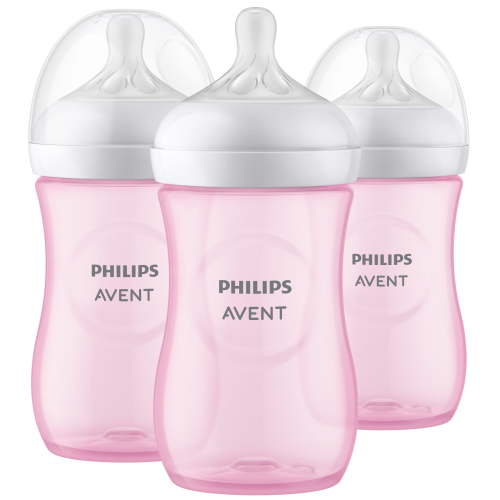 Avent 3-Pack Ergonomic Natural Wide-Neck Bottles (9 oz.) - Anti-Colic, Easy Latch, Pink