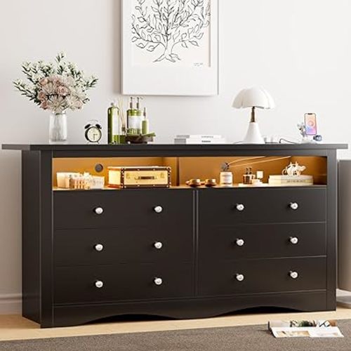 JUMMICO 52" Dresser for Bedroom,6 Drawer Dresser with Charging Station,LED Lights and Open Storage Shelf, Morden TV Stand for Living Room,Wood Chest of Drawers,Black