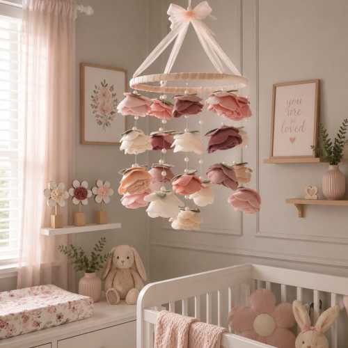 Baby girl crib mobile Wrens wildflower inspired | roses and pearls | nursery decor