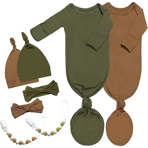 2-Pack Luxurious Newborn Knotted Gown Set - Ultra-Soft Long Sleeve Gown for Baby with Hat, Headband & Pacifier Clip