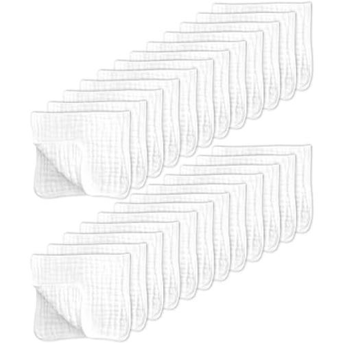 SWEET DOLPHIN 24 Pack Muslin Burp Cloths Large 100% Cotton Hand Washcloths for Baby - Baby Essentials Extra Absorbent and Soft Boys & Girls Milk Spit Up Rags for Newborn Registry - White, 20" X10"