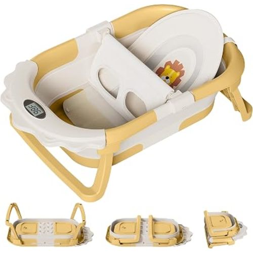 TPN Collapsible Baby Bathtub for Infants to Toddler with Real-time Temp Monitor+Floating Cushion 1 (Yellow, Little Lion)