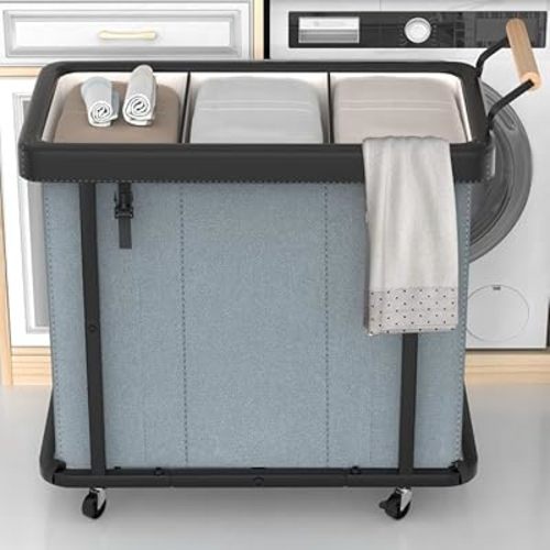 60 Gal (230L) Laundry Sorter 3 section with Lid, Laundry Hamper Cart with Handle (Gray)