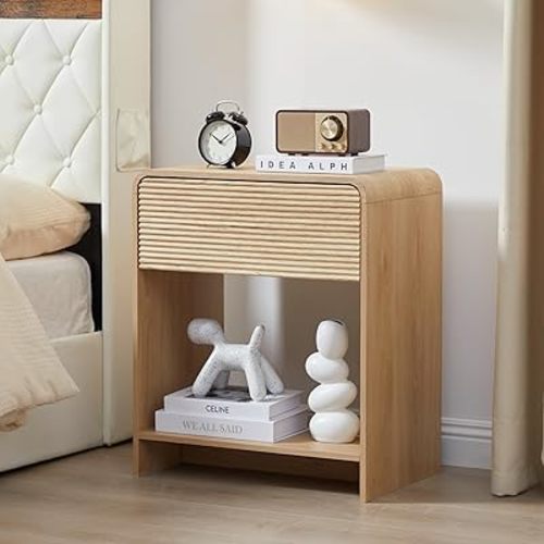 Fluted Side Table with Charging Station,Mid Century Modern End Table Nightstand with Drawer Storage,Large Wood Bedside Tables Night stands for Small Space Bedroom Living Room Office,Natural