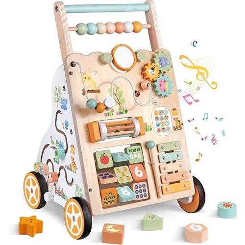 Wooden Baby Walker with Wheels, Push Walker with Baby Activity Center, Montessori Walking Toy for Girls Boys, Ajustable Speed & Height Activity Toy for Toddler Learning to Walk (Natural)