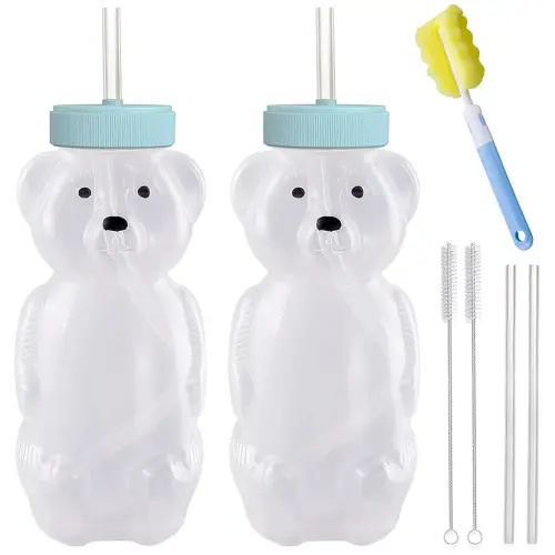 Honey Bear Straw Cups, Juice Bear Bottle Drinking Cup Long Straws with 4 Flexible Straws & Cleaning Tools, 8-Ounce Therapy Sippy Bottles for Speech and Feeding Training, Food-Grade & BPA Free 2 Pack