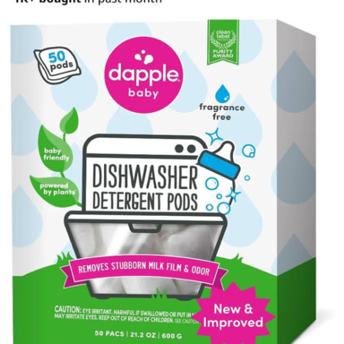 Dapple Baby Dishwasher Pacs, Hypoallergenic Dishwasher Pods Powered by Plants, Removes Milk Residue & Odor on Dishes, Baby Bottles & Kitchenware, Fragrance Free, 50 count