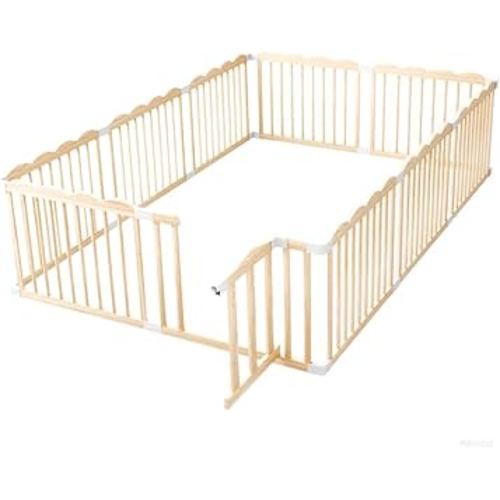 Baby Playpen, Wooden Playpen for Babies and Toddlers, Large Adjustable Wooden Baby Playard with Locking Gate, Easy to Assemble, Portable Play Pen, Infant Play Pen Play Area(102x67x24 Inch)