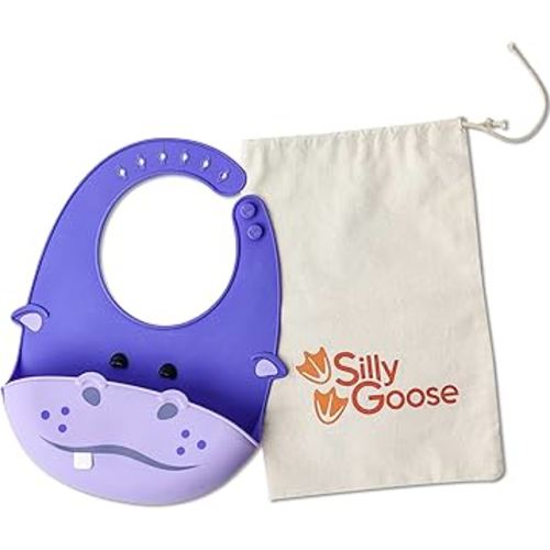 Silly Goose Silicone Animal Baby Bibs for Babies and Toddlers, Waterproof, Adjustable, Soft, Extra Wide Food Catcher Pocket (Baby Hippo)